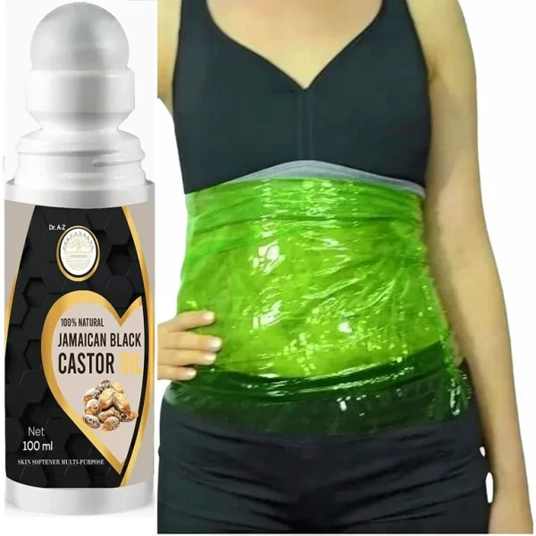 Black Jamaican Castor Oil Pack Kit Compress Body Oil For Women Plastic Sauna Wrap Heat Detox Wrap (Roll On Oil Included)